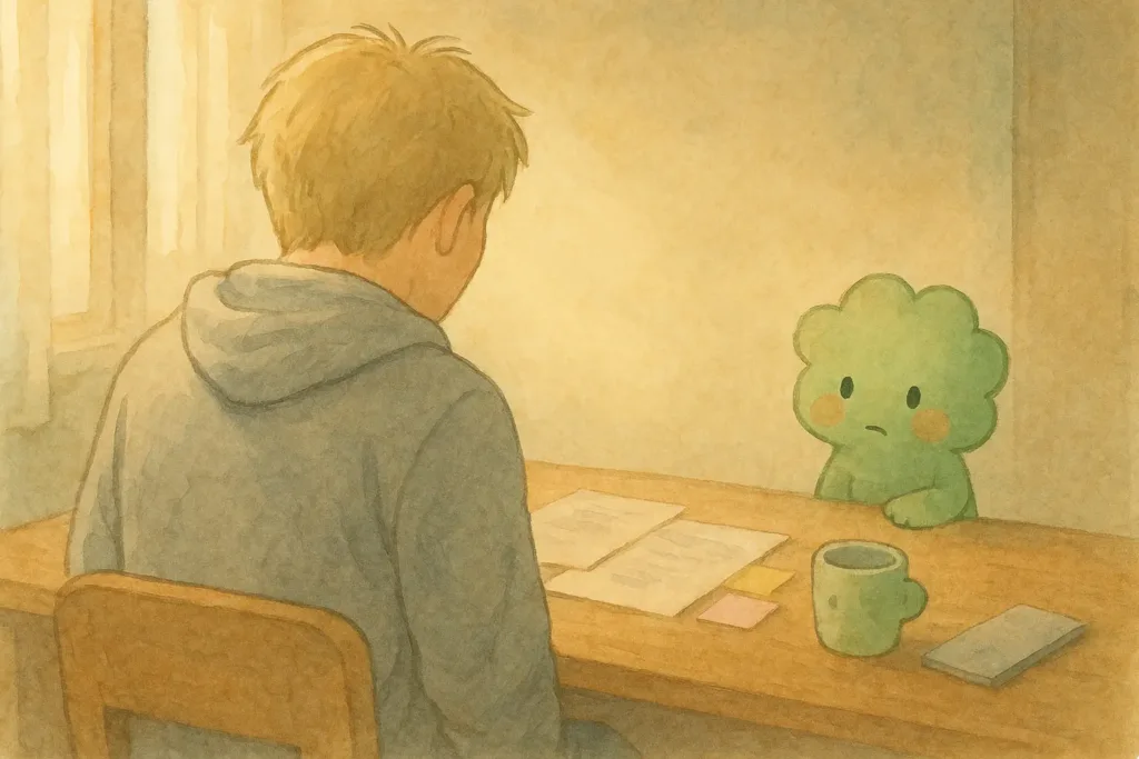 午後の光の中、デスクに向かって静かに座る男性の背中と、心配そうに見守るぱせりんが描かれたやさしい水彩イラスト。散らばった資料が、右手骨折の在宅ワーカーの“言えない疲れ”をそっと伝えている。