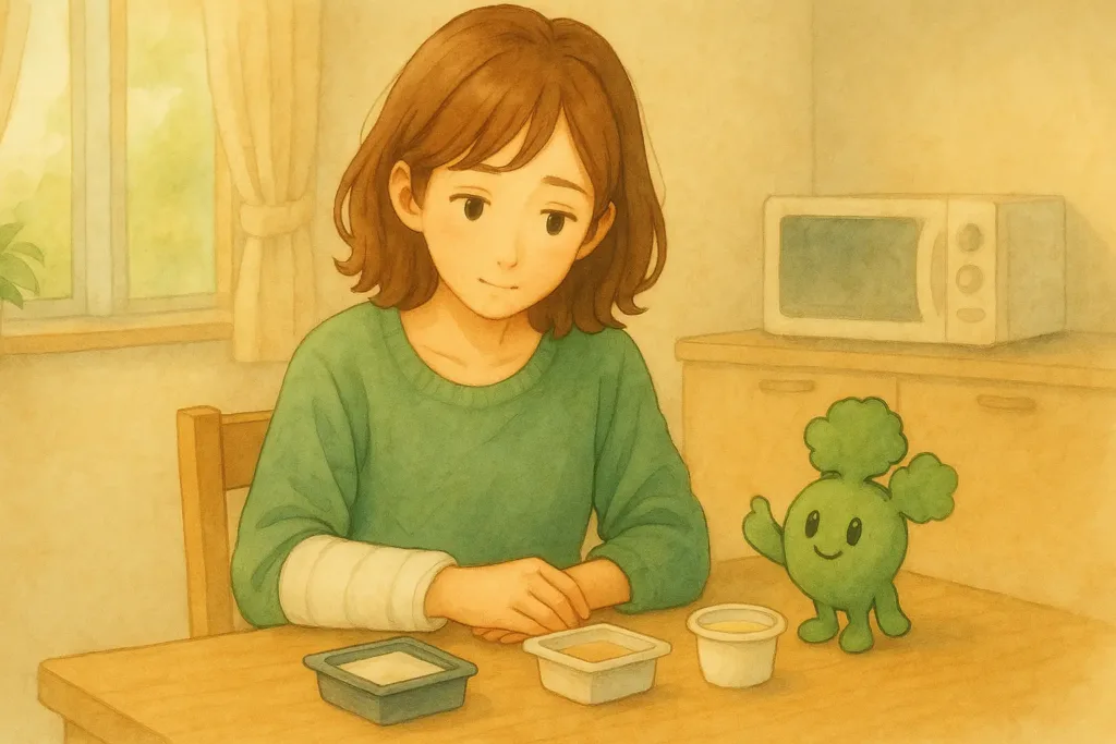 右手を包帯で完全固定したあかりが、左手をそっとテーブルに添えながら、簡単に食べられる食事を見つめている様子。ぱせりんが励ますように手をあげている。