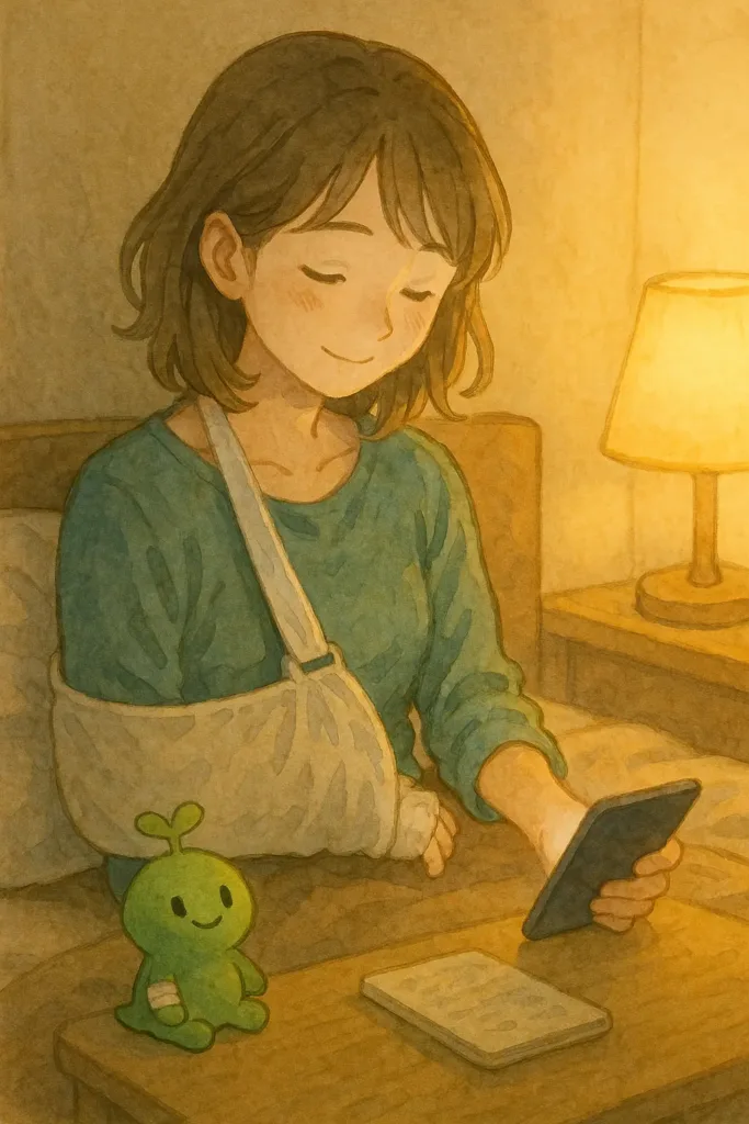 夜のベッドで、右腕をスリングで固定したあかりが、左手だけでスマホをそっと持ちながら微笑んでいる。横には右腕に包帯を巻いたぱせりんが寄り添い、スマホの柔らかい光を一緒に見つめている。あたたかな間接照明が部屋を静かに照らす。