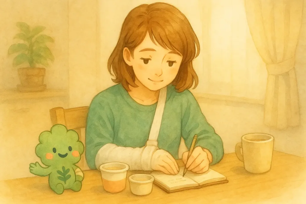 右手を完全固定したあかりが、左手で小さなメモを書きながらほっと息をつく様子。机のそばでぱせりんが励ますように見守っている場面。