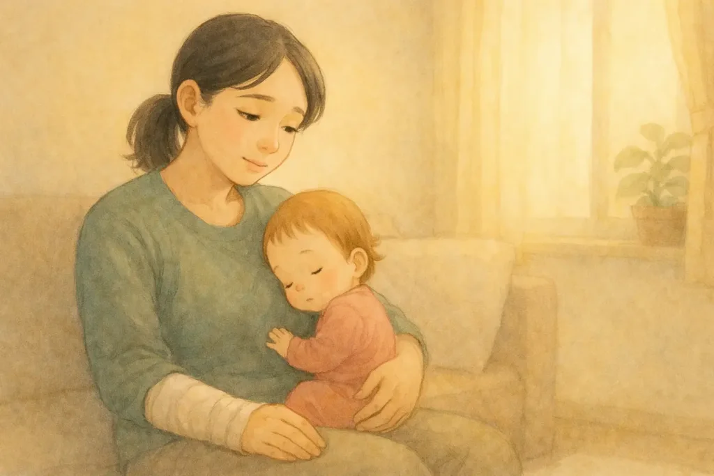 赤ちゃんを抱きしめる母親。静かな部屋の中で、安心した表情を浮かべている。