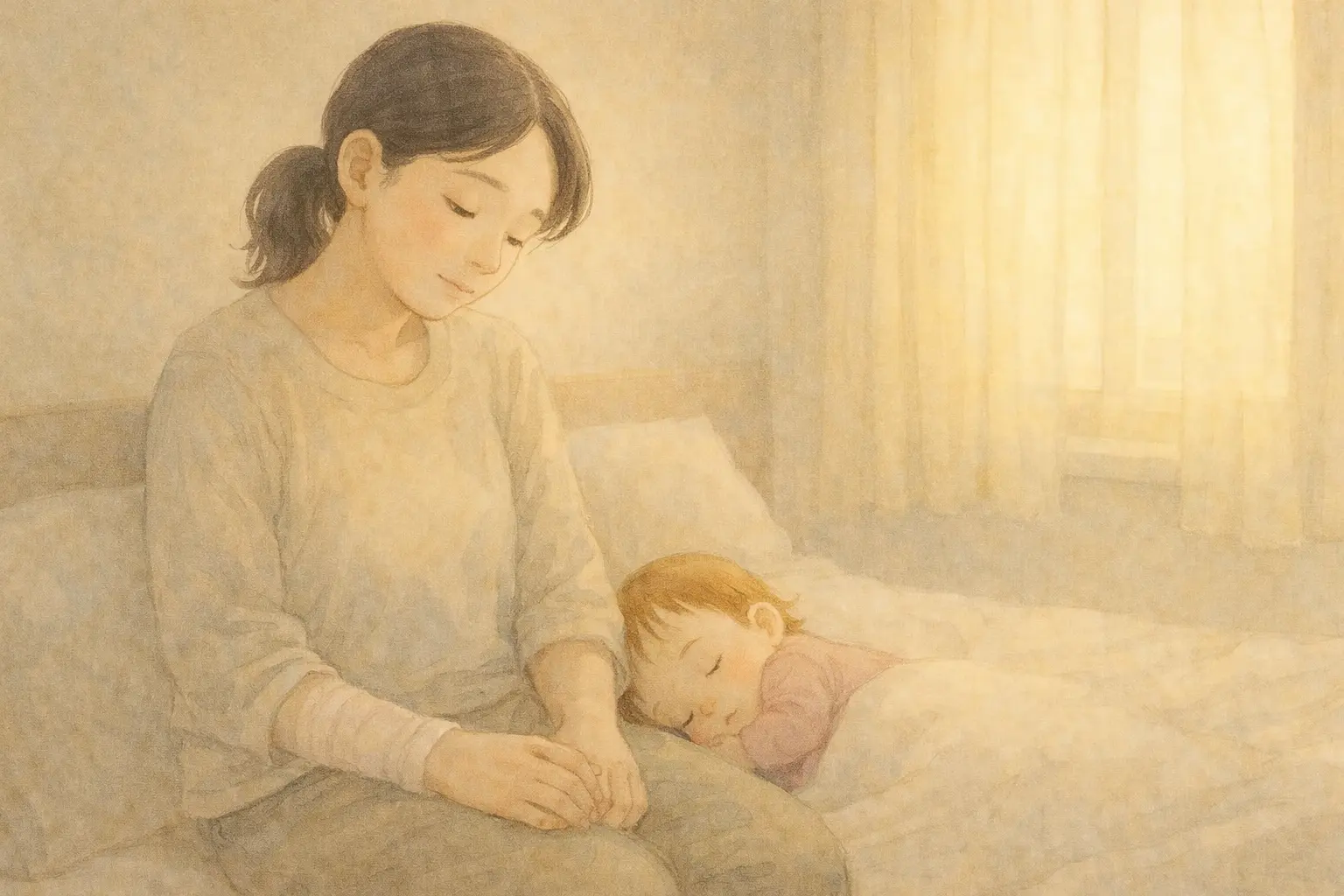 朝のやわらかな光の中、ベッドの上で静かに座る母親と、腕の中で眠る幼い子ども。 目覚めたばかりの静かな時間に、そっと寄り添うような穏やかな表情が印象的な一枚。