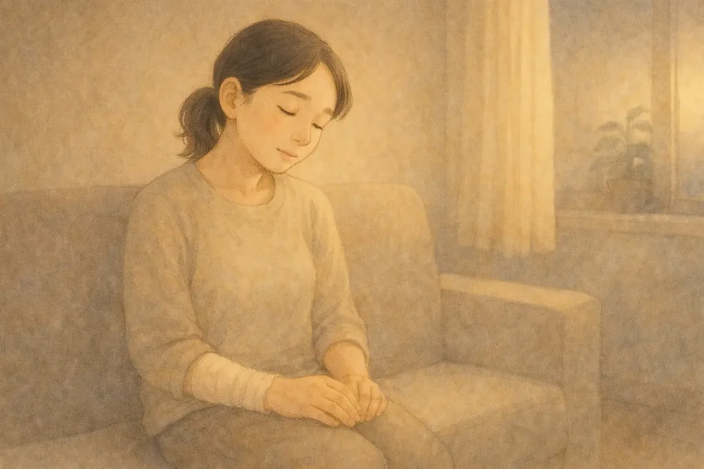 夕方のやわらかな光が差し込む部屋で、静かに座り込み、少し俯いた表情で考えごとをしている女性。
右手をかばうように膝の上に置き、無理をせず立ち止まる時間を過ごしている様子。