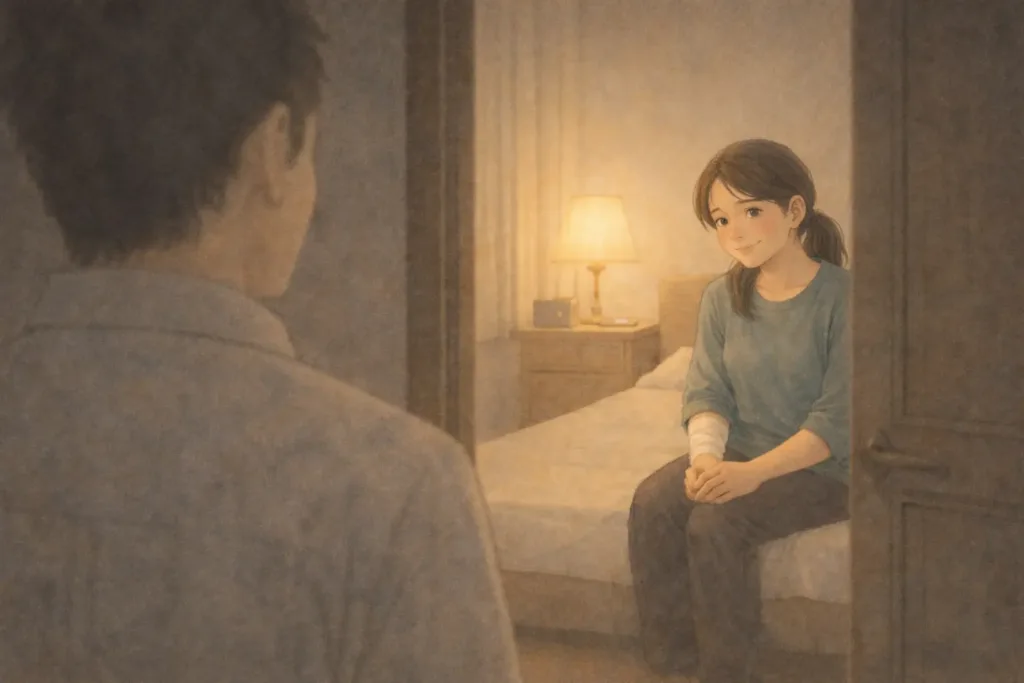 ベッドに腰かけて穏やかな表情でこちらを見る女性と、戸口から静かに見守る男性。
 言葉は交わさずとも、気持ちが少しずつ整ってきた夜のひとコマ。
