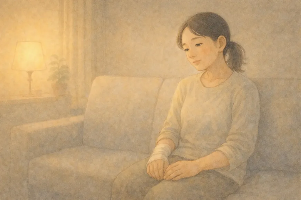 夕方のやわらかな光が差し込む部屋で、ひとり静かに座り、少し落ち着いた表情で前を見つめる女性。包帯を巻いた右手を膝に置き、静かに呼吸を整えている。