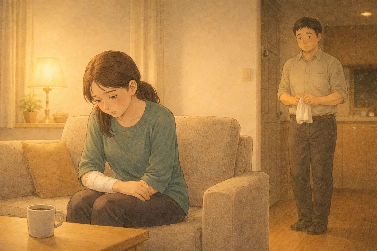 リビングで静かに座る女性と、少し離れた場所から見守る男性。 言葉を交わさずとも、互いを気にかける穏やかな空気が流れている。