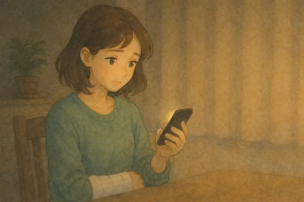 静かな部屋でスマホを手に、不安を抱えたまま座る女性