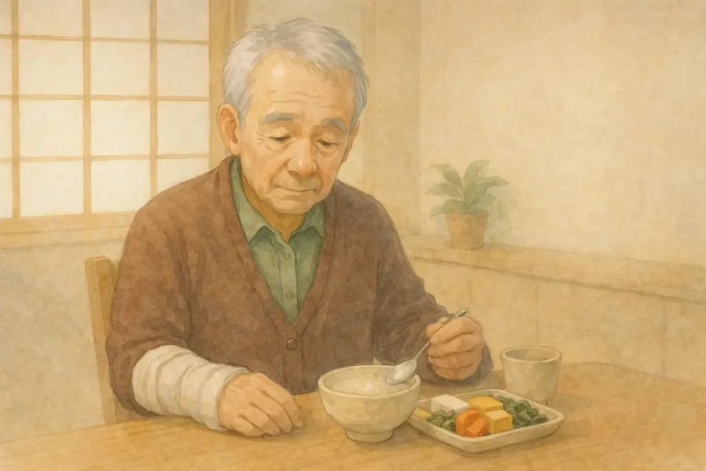 食事を前に静かに考え込む、右手骨折中の高齢男性