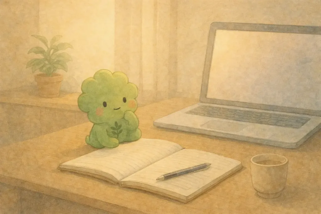 机の前で静かに考えごとをする時間と、そばにいるぱせりん