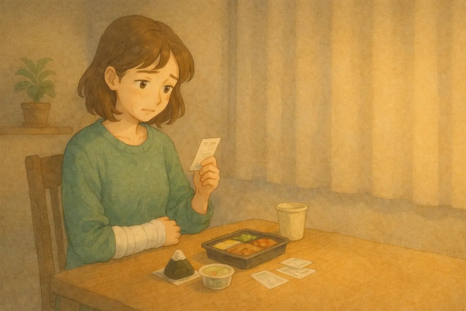 夜の食卓でレシートを見つめ、少し考え込む右手骨折中の女性