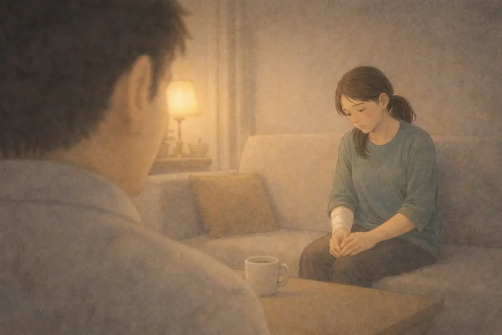 ソファに座って俯く女性と、少し離れた場所から静かに見守る男性。
 言葉を交わさずとも、同じ空間にいる二人の間に、静かな気遣いが流れている。