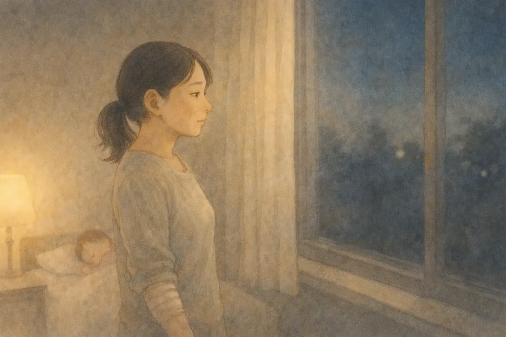 夜の静かな部屋で、窓辺に立つ女性。
 一日の終わりに、静かに外を見つめながら、心を整えている様子。
 そばには眠っている子どもの気配があり、穏やかな時間が流れている。