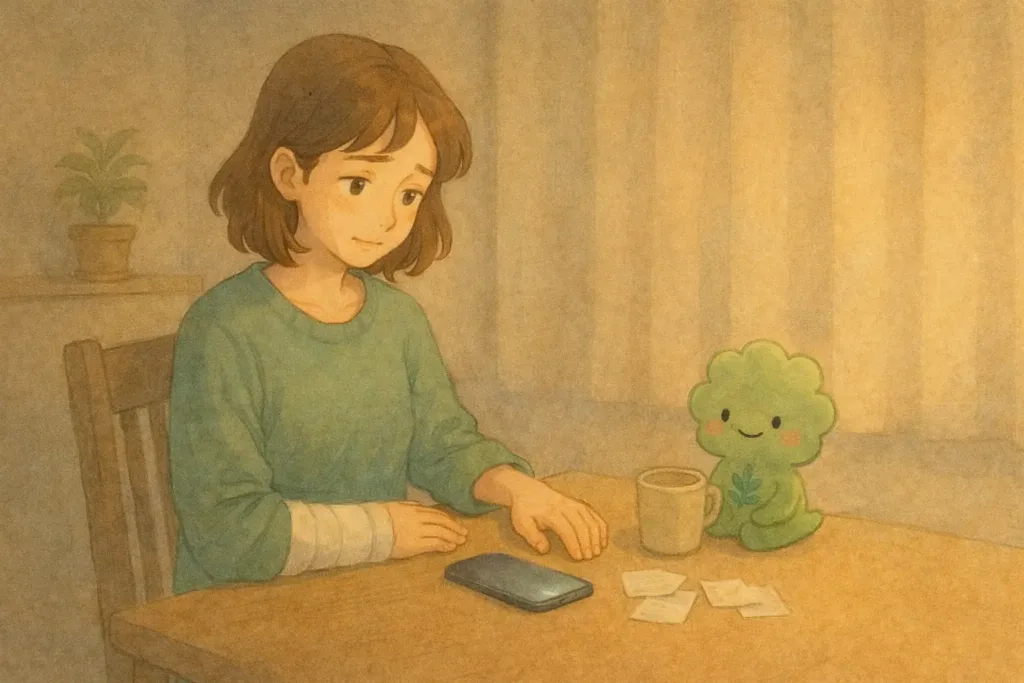 検索を終えてスマホを置き、静かに考え込むあかりと、そばで見守るぱせりん