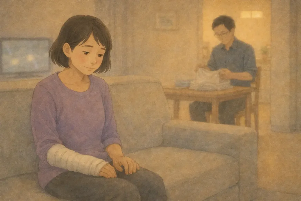 ソファで静かに考える右手骨折中のまり