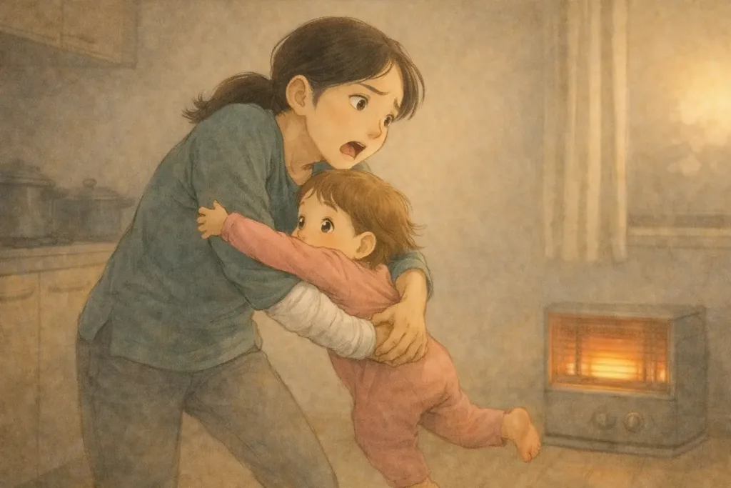 とっさに両手で子どもを引き寄せてしまい、あとから右手の痛みに気づくしおり