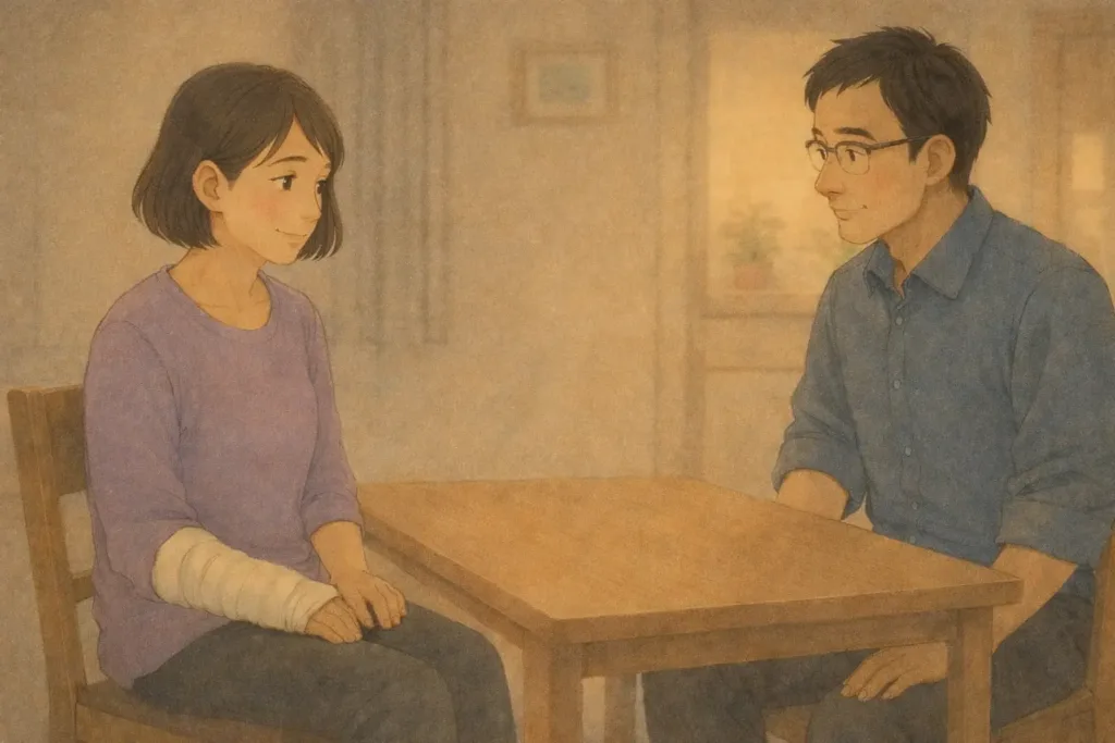 キッチンで向き合い、静かに話す右手骨折中の夫婦