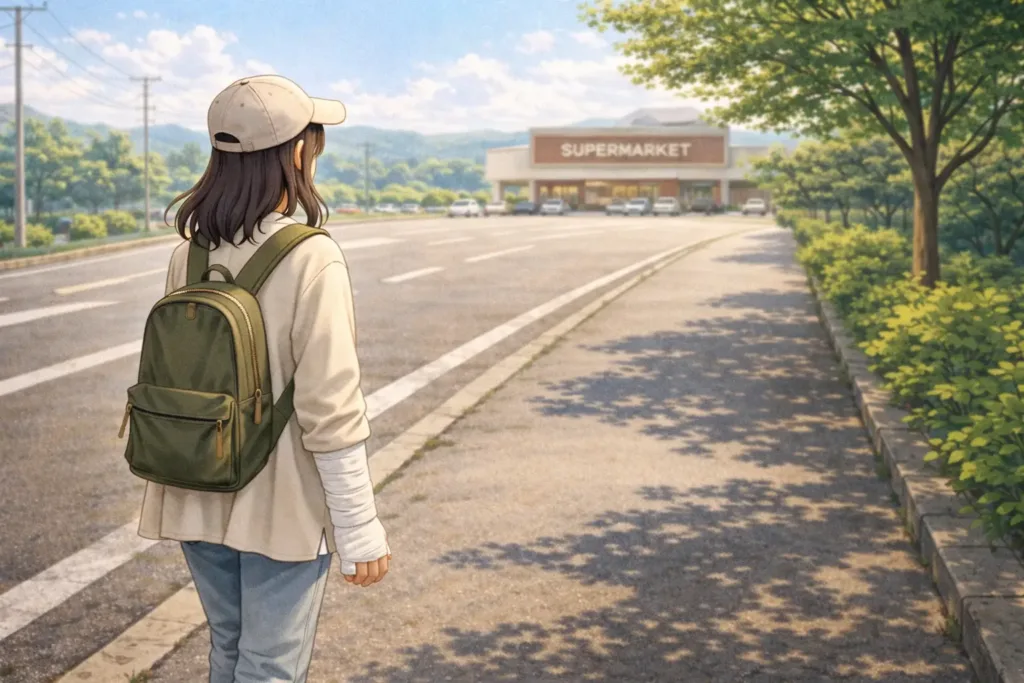 スーパーへ向かって歩く右手骨折中の女性