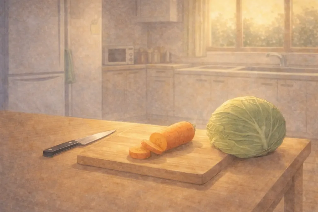 まな板の上に置かれた包丁と転がった野菜