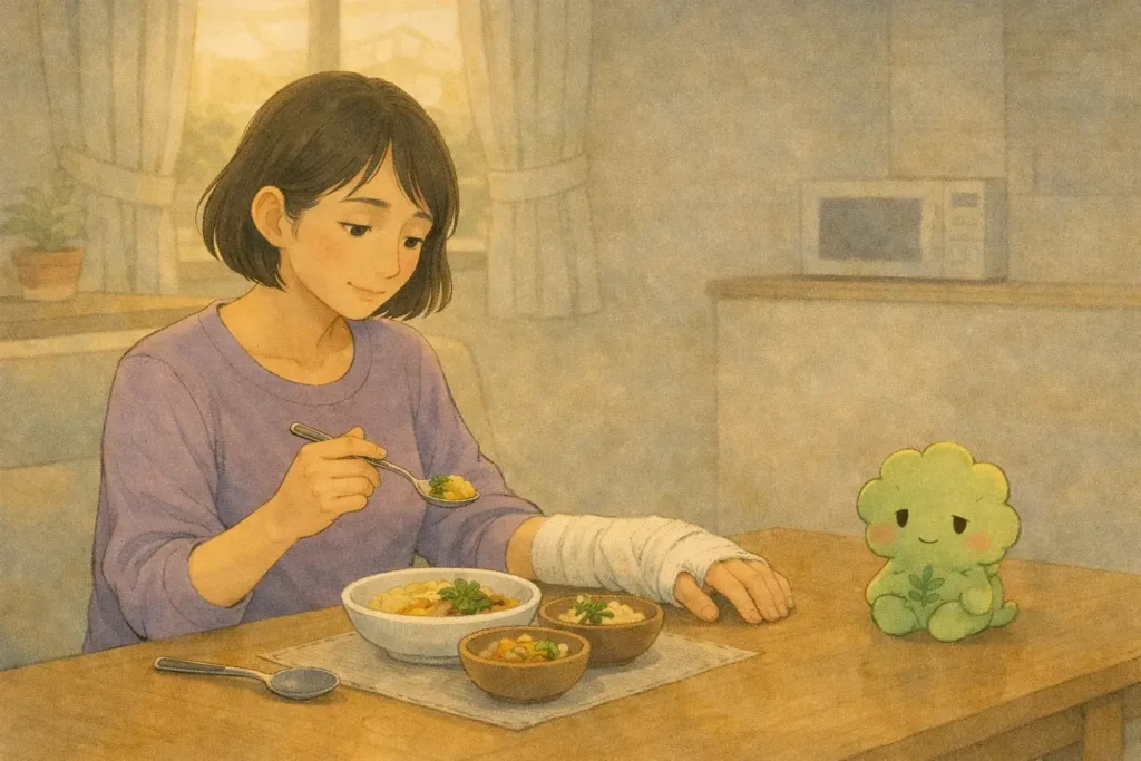 昼に一人で食事をしながら考え込む骨折中の女性