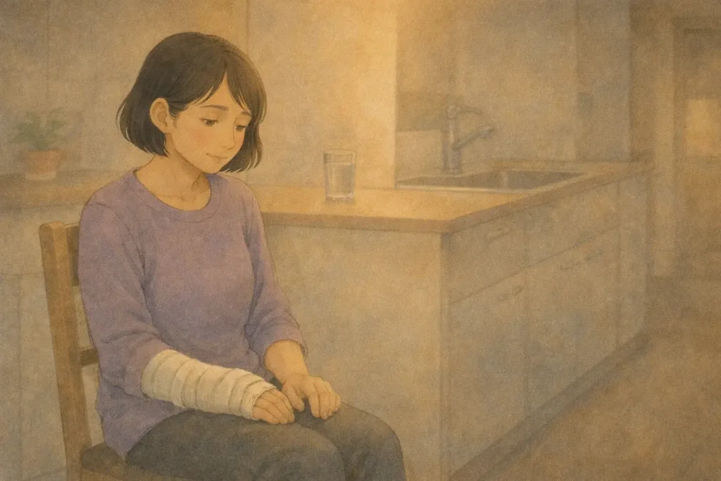 夜のキッチンで椅子に座り、右手を膝に置いたまま静かに視線を落とすまり