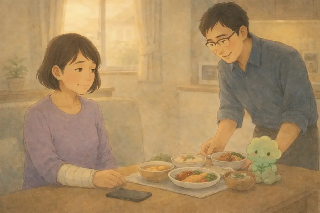 骨にいい朝食を用意する夫と、それを見る妻