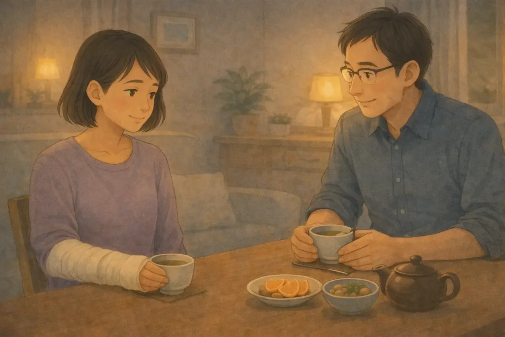 夜、食卓で静かに話す夫婦の様子