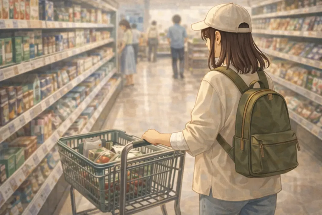 カートを左手で押す右手骨折中の女性