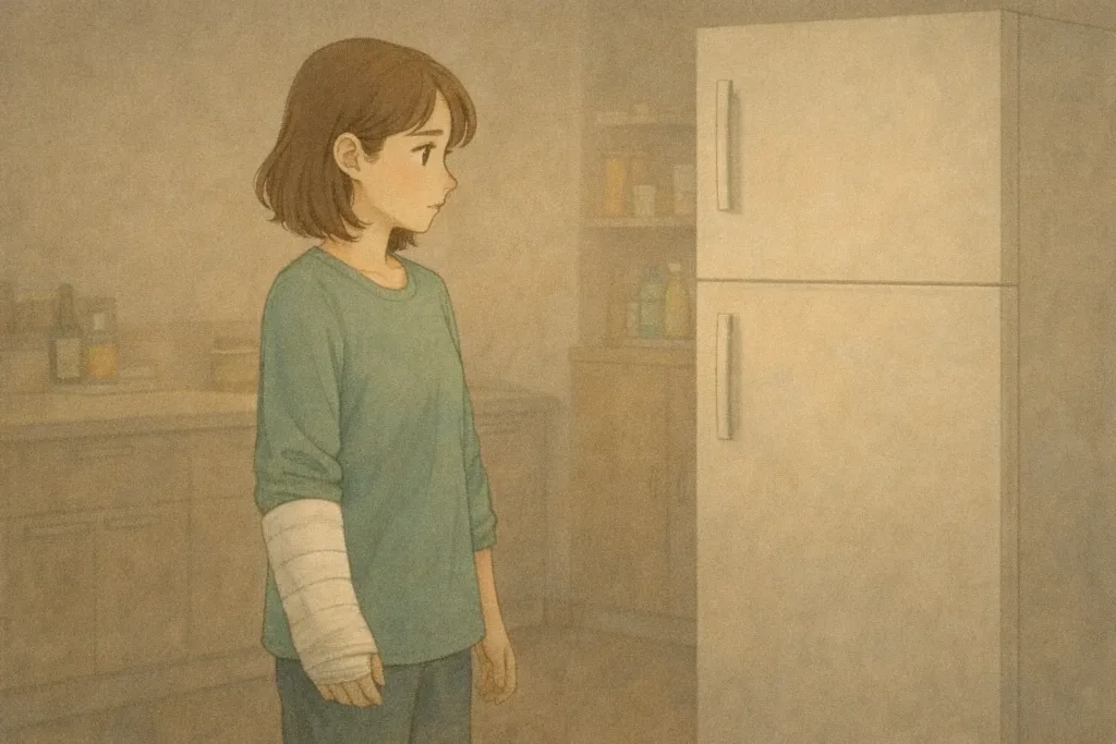 右手を骨折した女性が、閉じたままの冷蔵庫の前で立ち止まっている様子