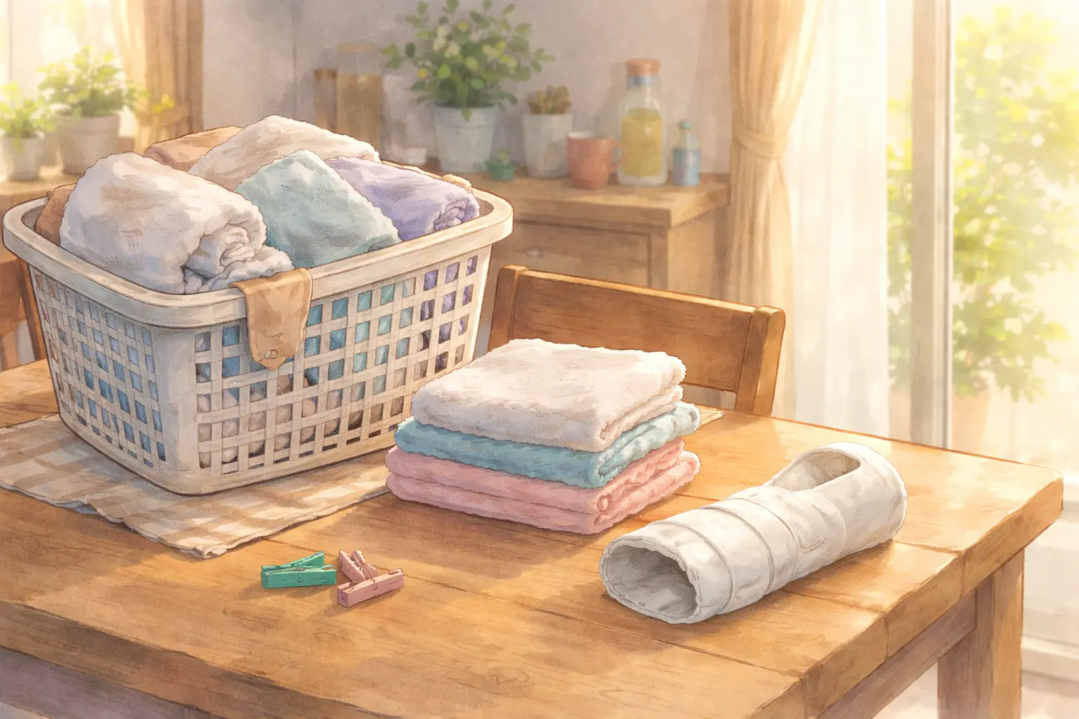 テーブルの上に置かれた洗濯カゴと乾燥後のタオル、横に置かれた白いギブス。