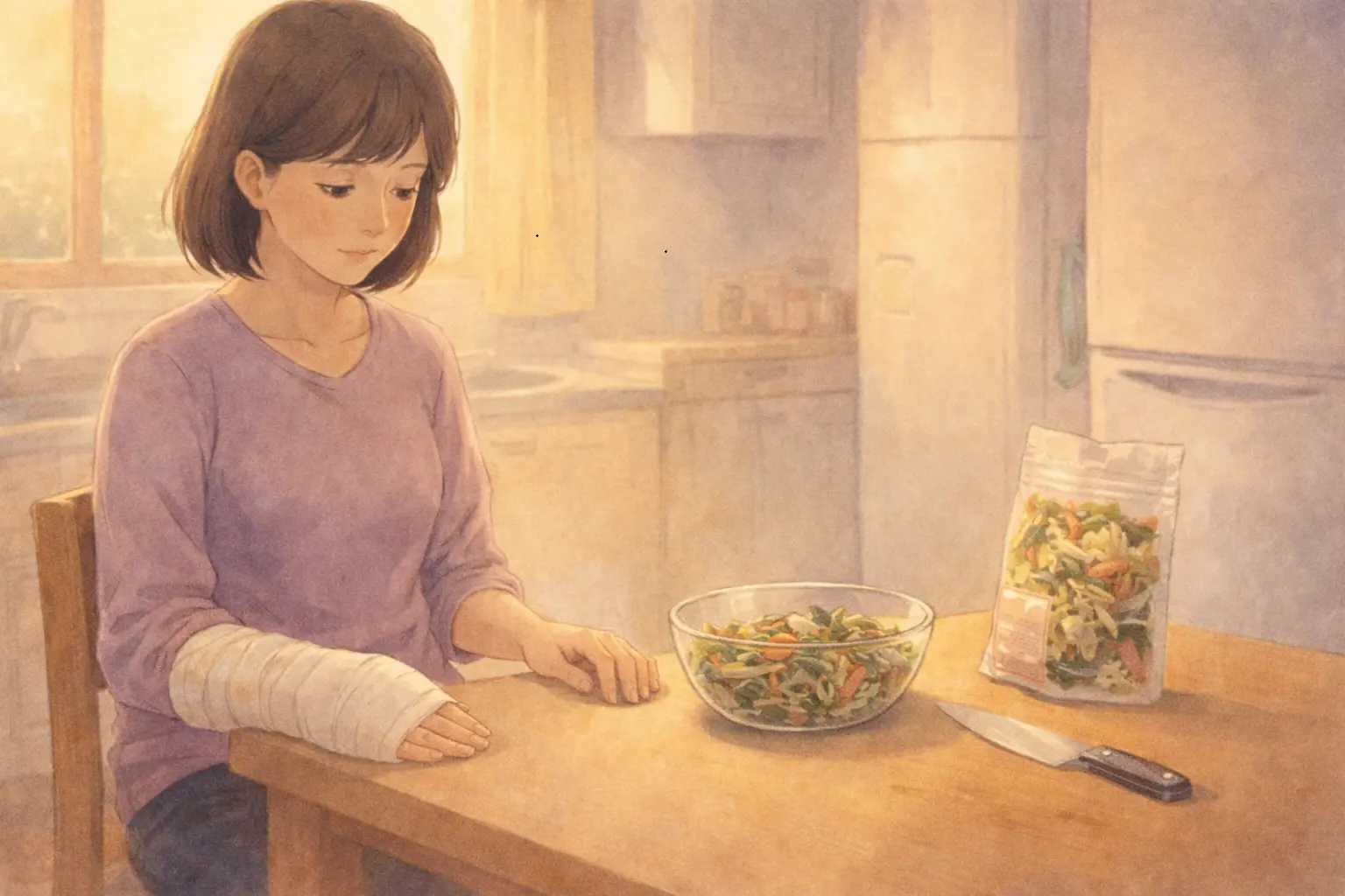 右手を包帯で固定した女性がキッチンで乾燥野菜を前に座っている