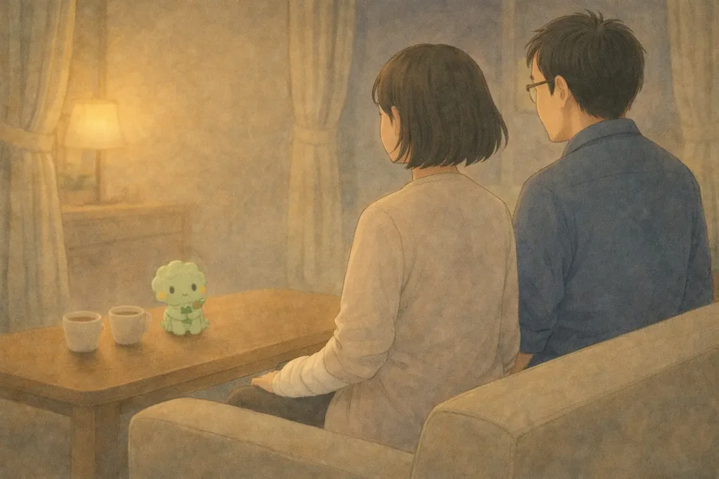 夜のリビングで静かに並ぶ夫婦の後ろ姿