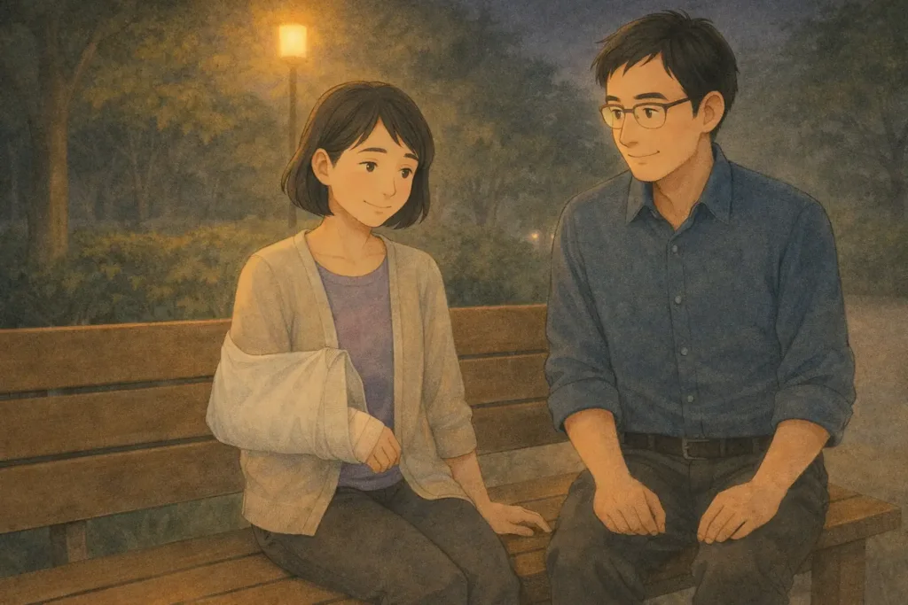 夜の公園を並んで歩く夫婦