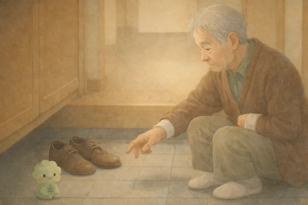 靴に手を伸ばしたまま立ち止まる朝