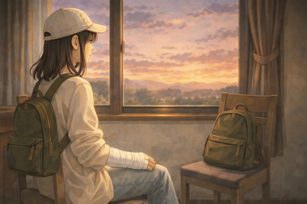 窓辺で静かに座る右手骨折中の女性