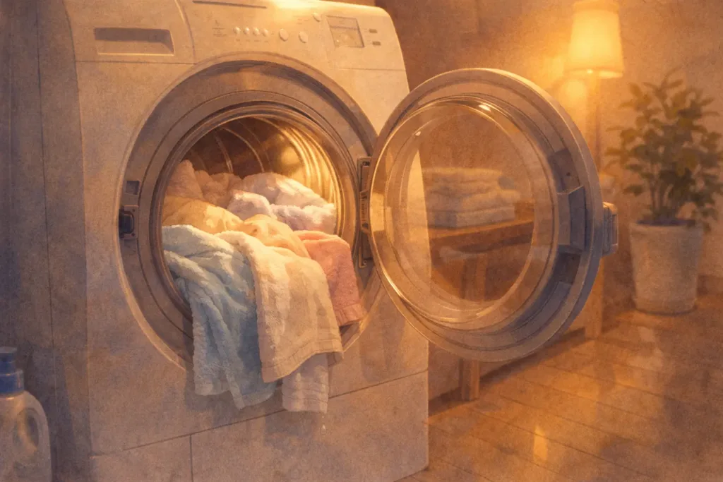 夜の室内にあるドラム式洗濯機と乾燥されたタオル。