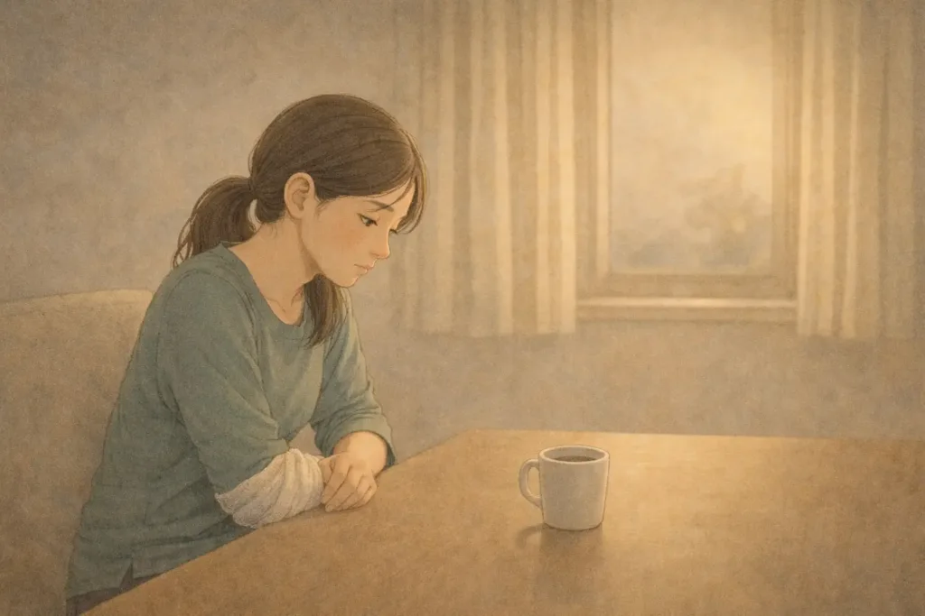 夕方の食卓で、包帯を巻いた手を抱えながら座るしおり。何も起きていないのに、いつも通りではいられない感覚が残っている。