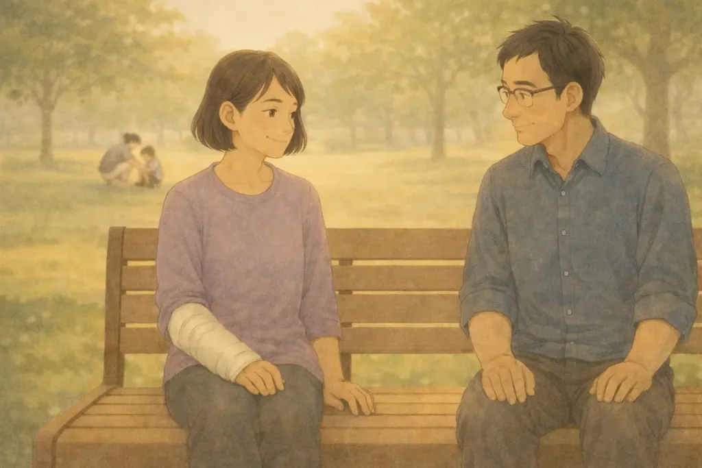 午後の公園でベンチに座る夫婦と遠くの親子