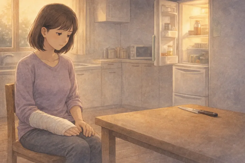 夕方の台所で包丁を置いた女性