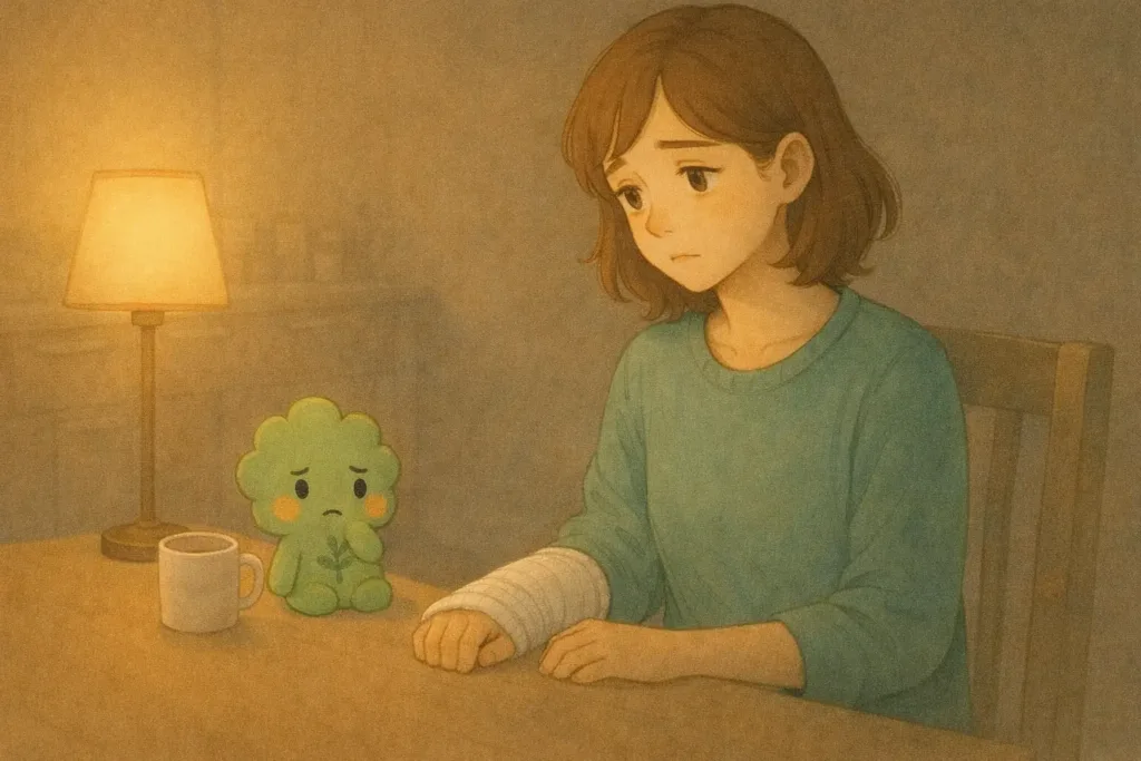 夜のテーブルで、右手を骨折した女性が静かに考え事をしている横に小さなキャラクターが座っている