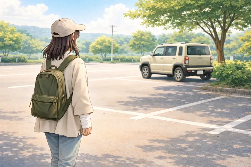 右手骨折で運転できず駐車場に立つ女性