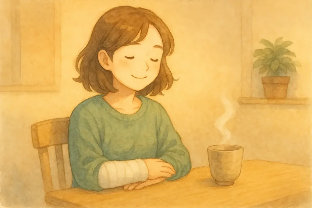 右手を骨折する前、落ち着いた表情で温かい飲み物を前に過ごしている女性の様子