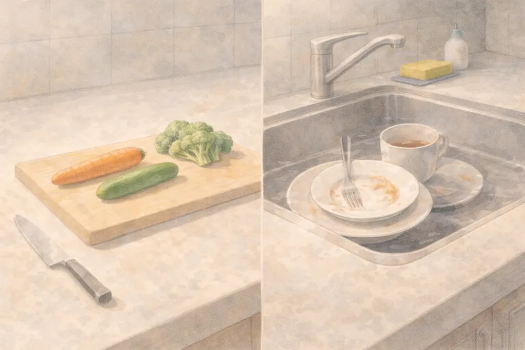 片手生活で、切ることと洗うことが同時に負担になる場面を表した台所