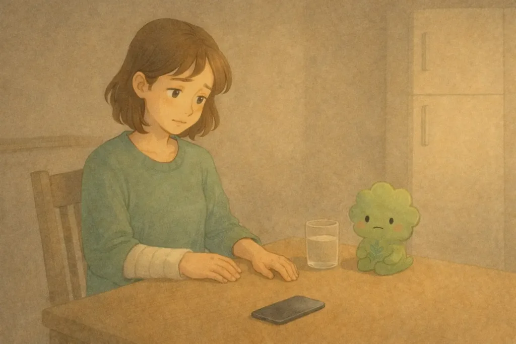 右手を骨折した女性が、準備を始められないままテーブルに座り考え込んでいる場面