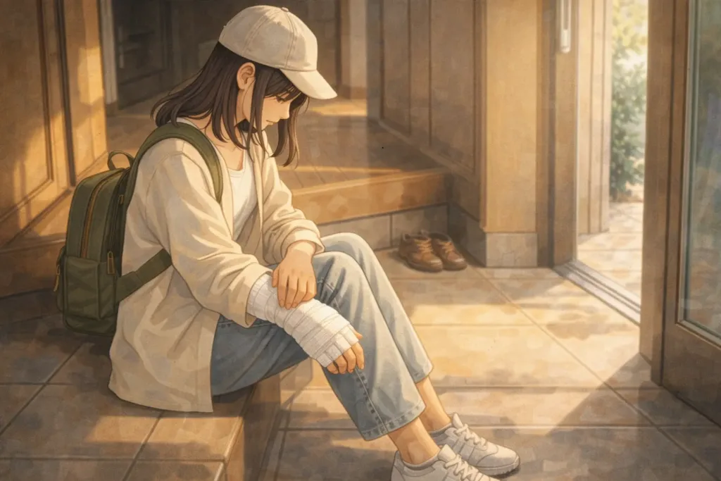 玄関で一息つく右手骨折中の女性