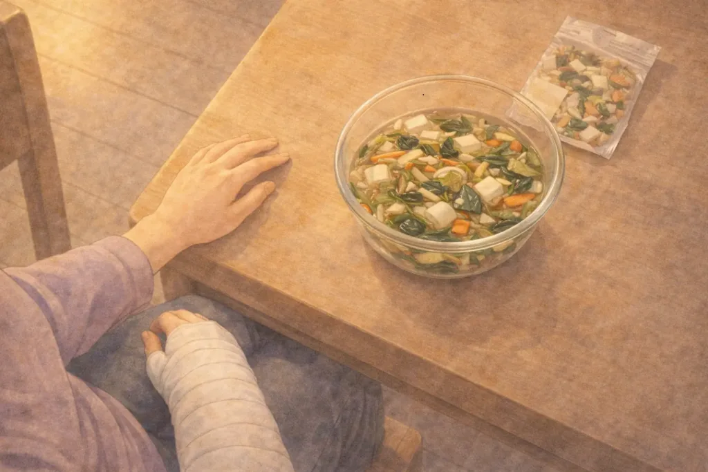 乾燥野菜を水で戻したボウルと右手を固定した女性