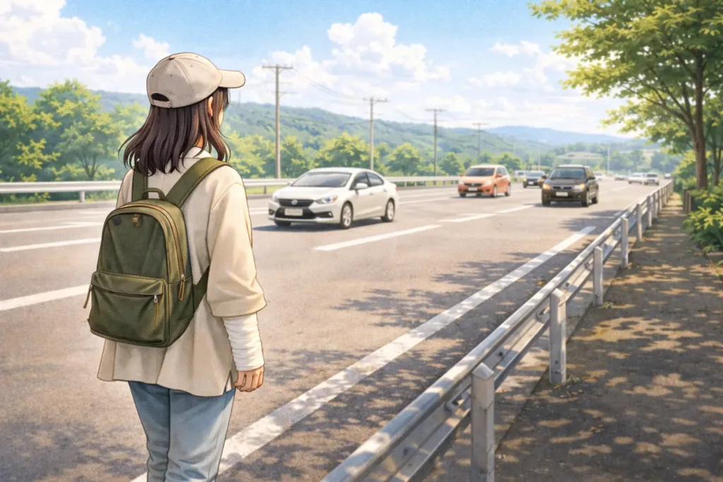 車社会の道に立つ右手骨折中の女性