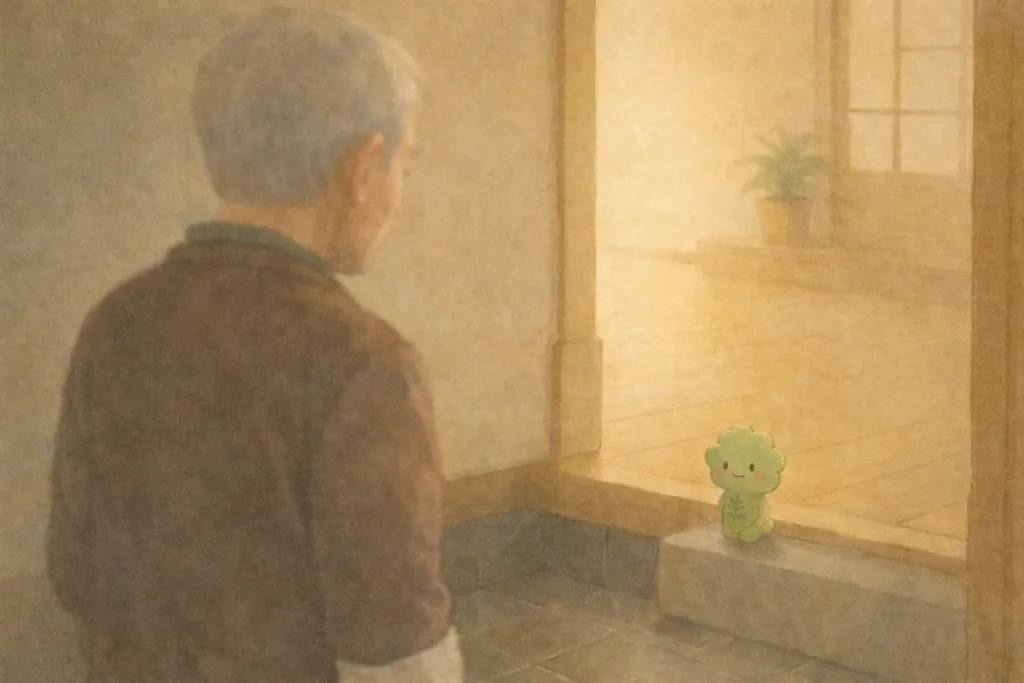 玄関で立ち止まるしげるを、そっと見守るぱせりん