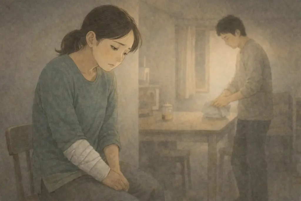 夜の静かな部屋で、包帯の右手を前に置いたまま言葉を探すしおり