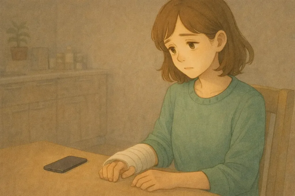 右手に包帯を巻いた女性が、スマートフォンをテーブルに置いたまま、椅子に座り何もしていない時間を過ごしている