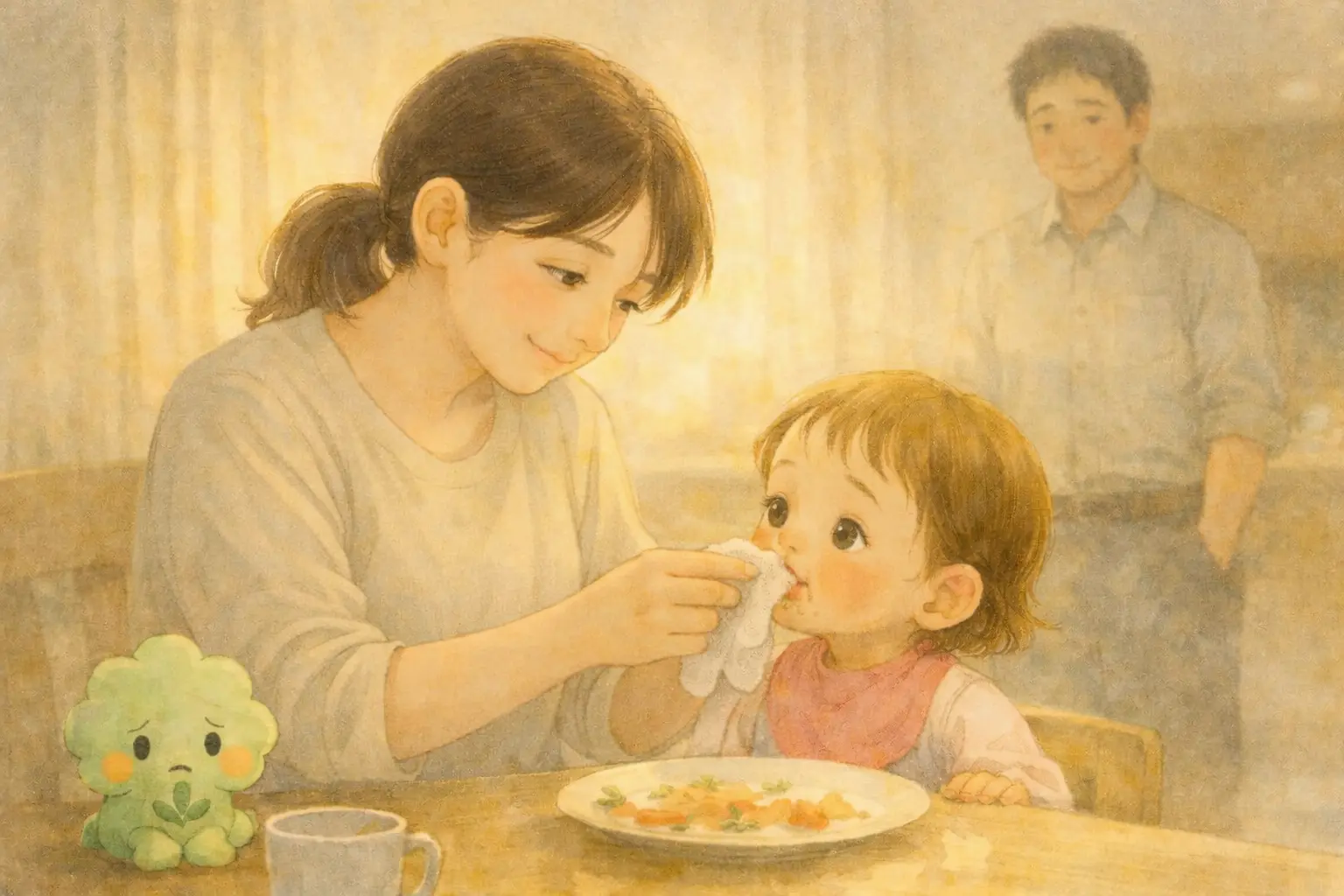しおりが思い描いている、食事で口を汚したみいちゃんの口元を優しく拭く穏やかな時間
